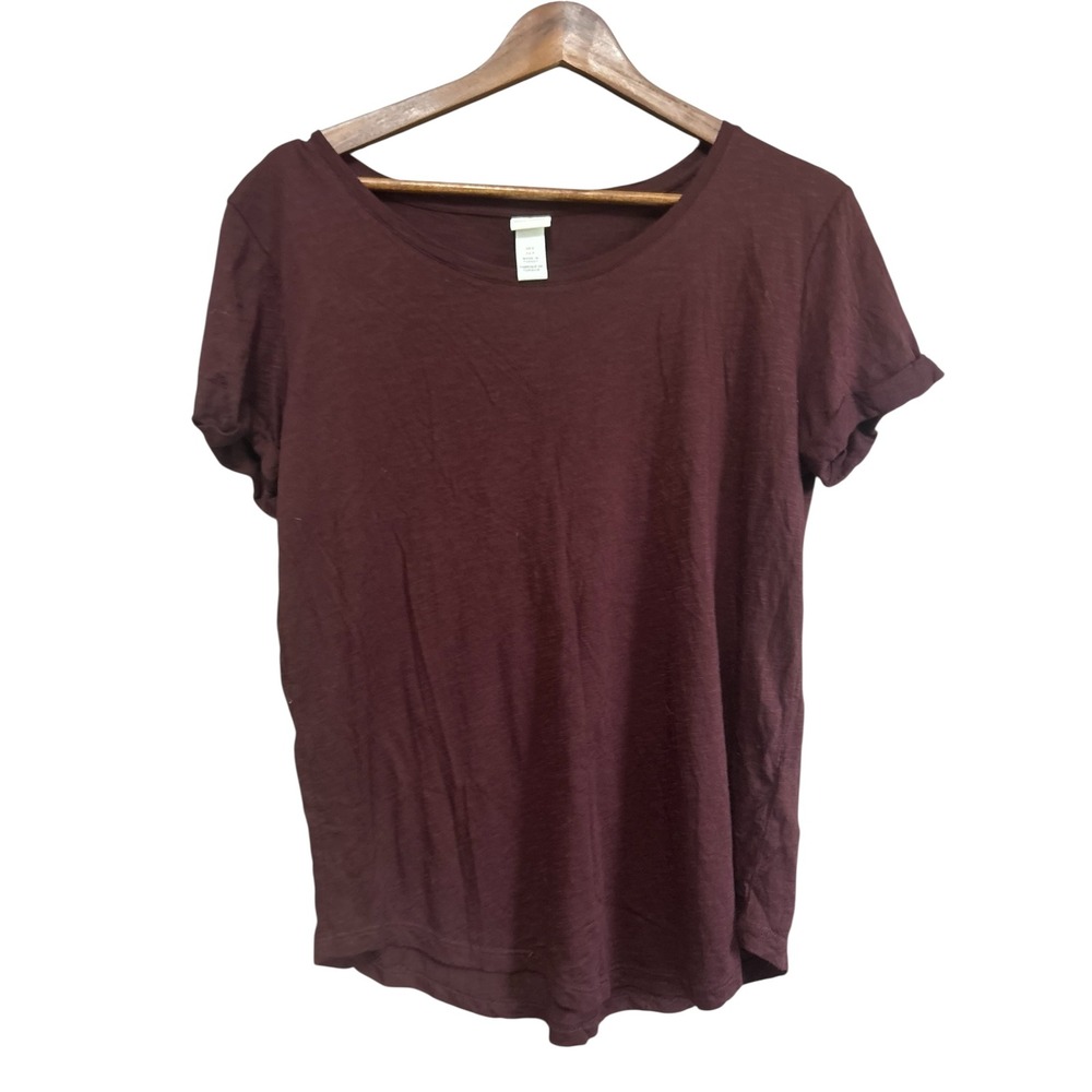 H&M Burgundy‎ Modal Blend Basic Crew Neck T Shirt Women's Size S Cuffed Sleeves